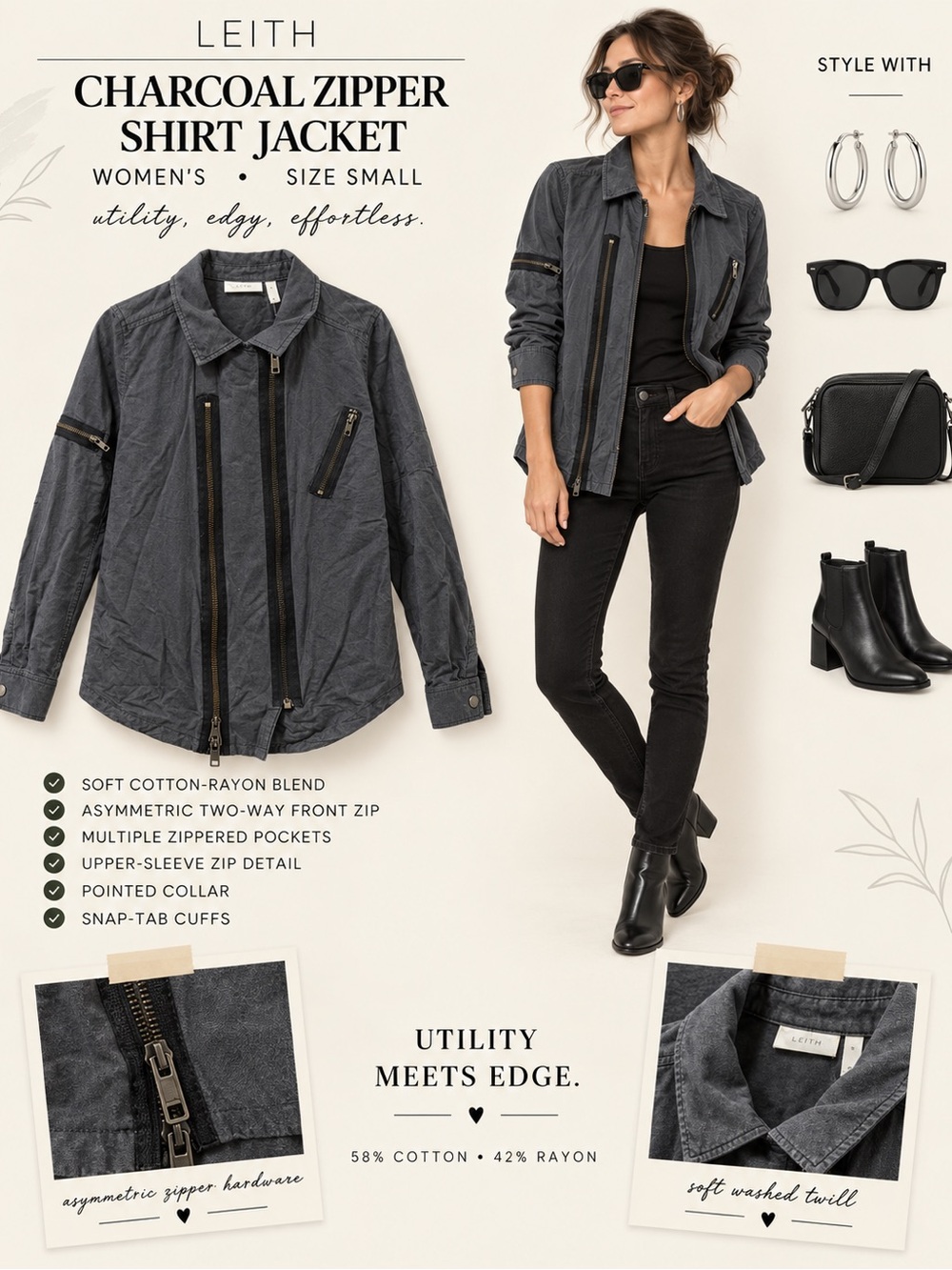 Leith Charcoal Utility Zipper Shirt Jacket